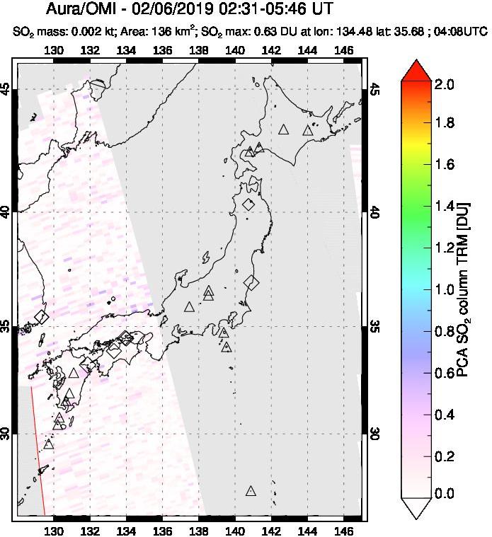 A sulfur dioxide image over Japan on Feb 06, 2019.