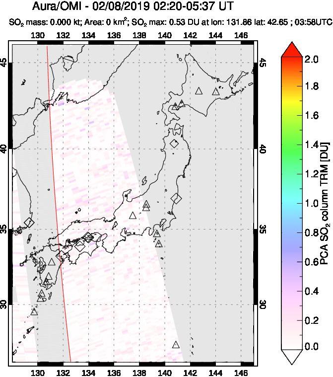 A sulfur dioxide image over Japan on Feb 08, 2019.
