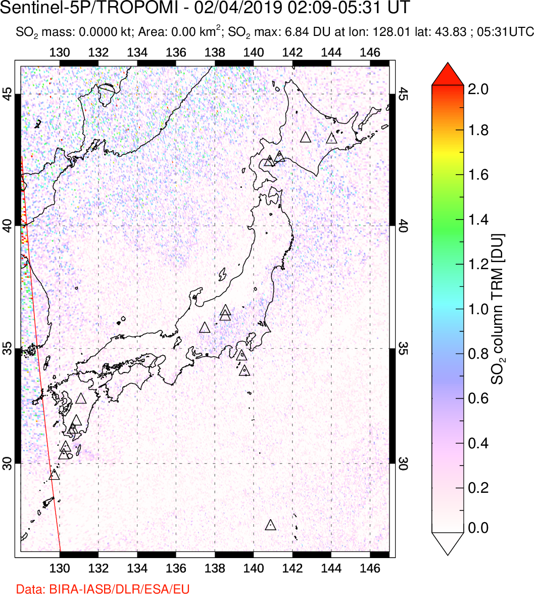 A sulfur dioxide image over Japan on Feb 04, 2019.