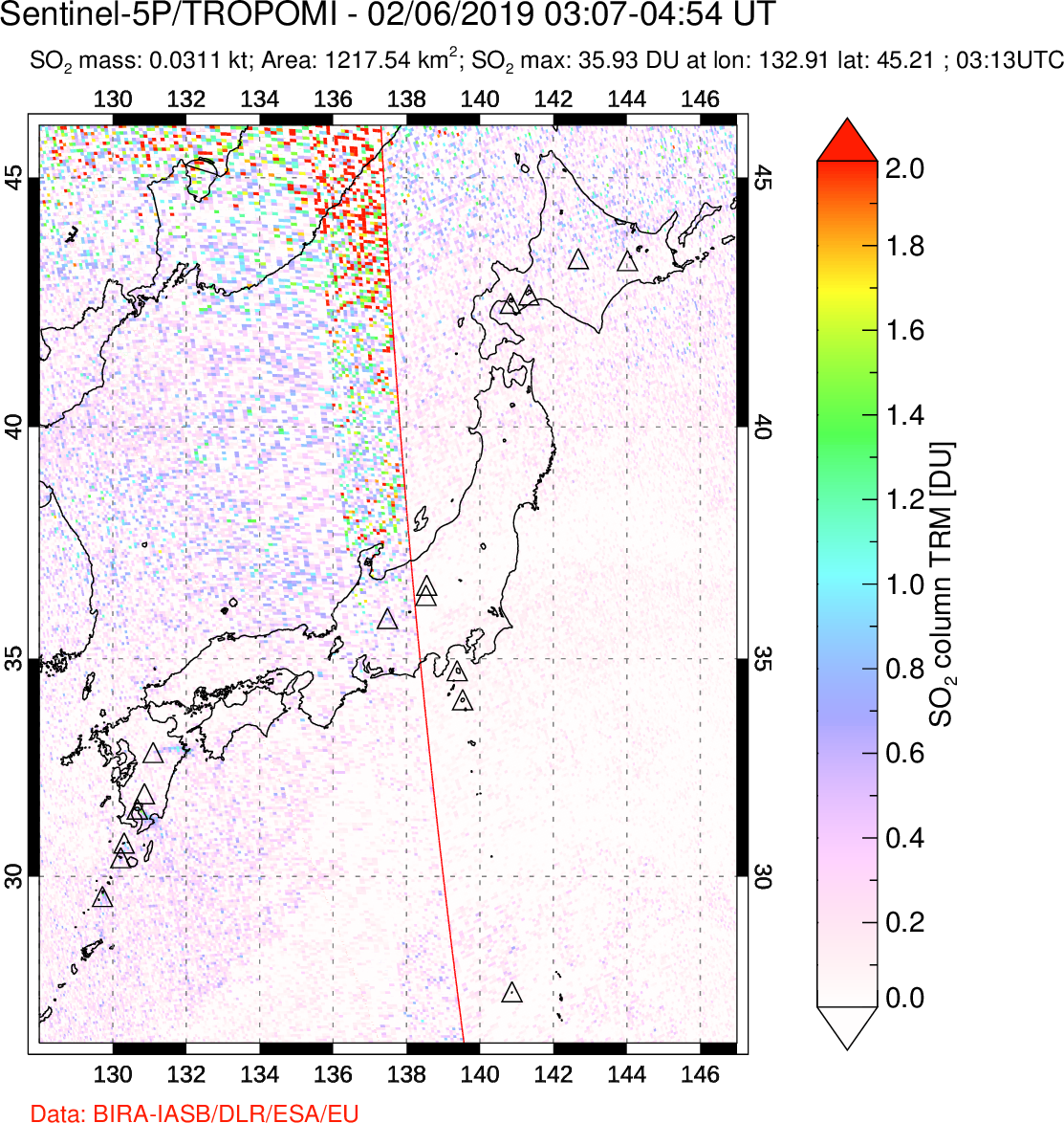 A sulfur dioxide image over Japan on Feb 06, 2019.