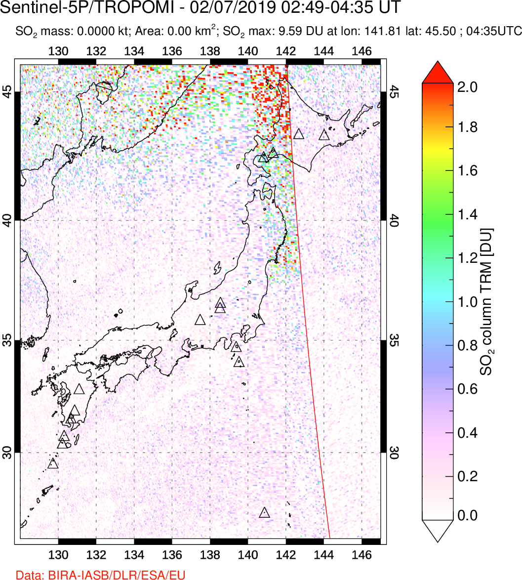 A sulfur dioxide image over Japan on Feb 07, 2019.