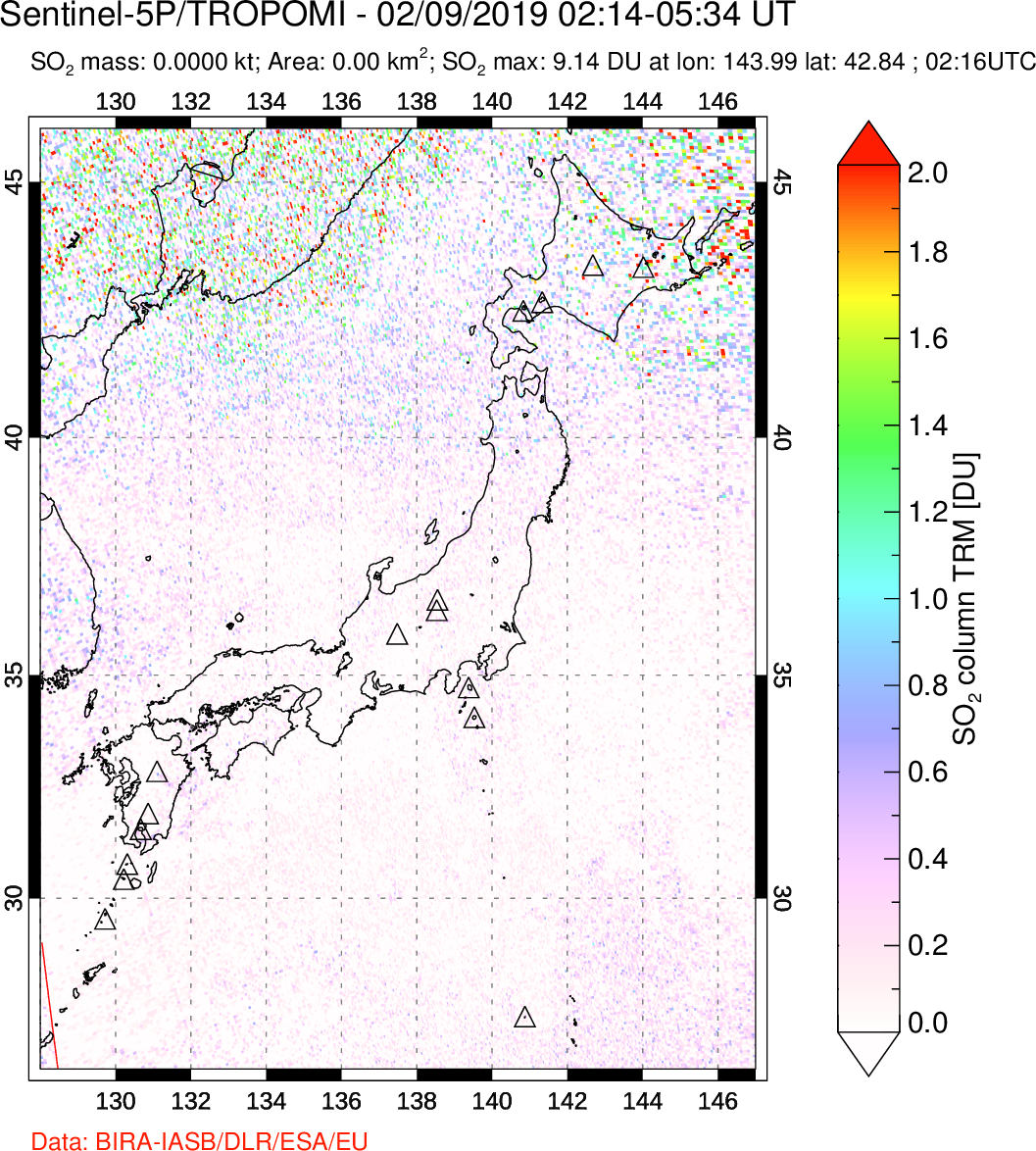 A sulfur dioxide image over Japan on Feb 09, 2019.