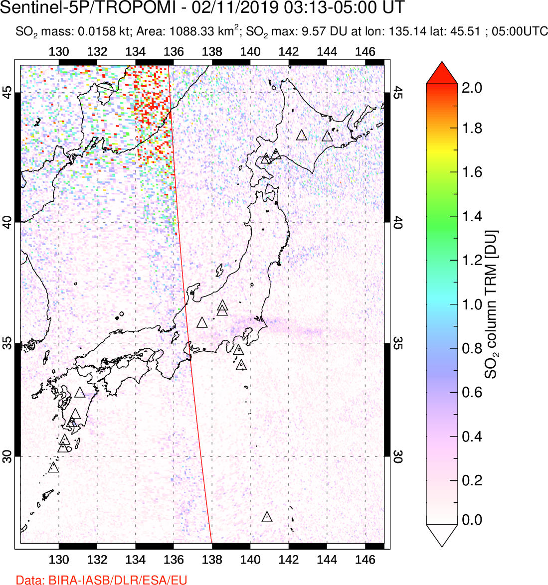 A sulfur dioxide image over Japan on Feb 11, 2019.