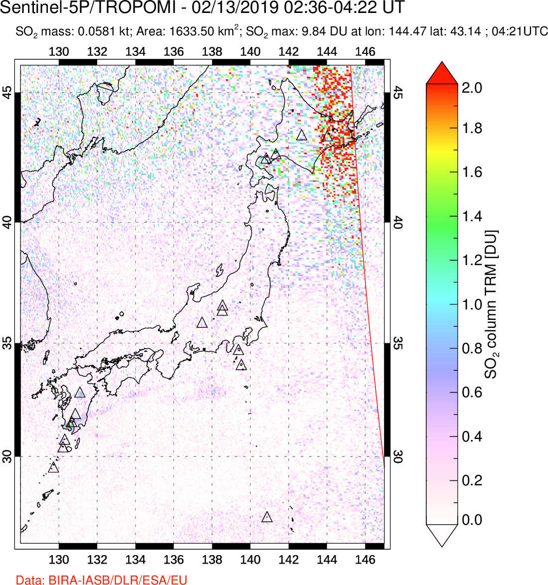 A sulfur dioxide image over Japan on Feb 13, 2019.