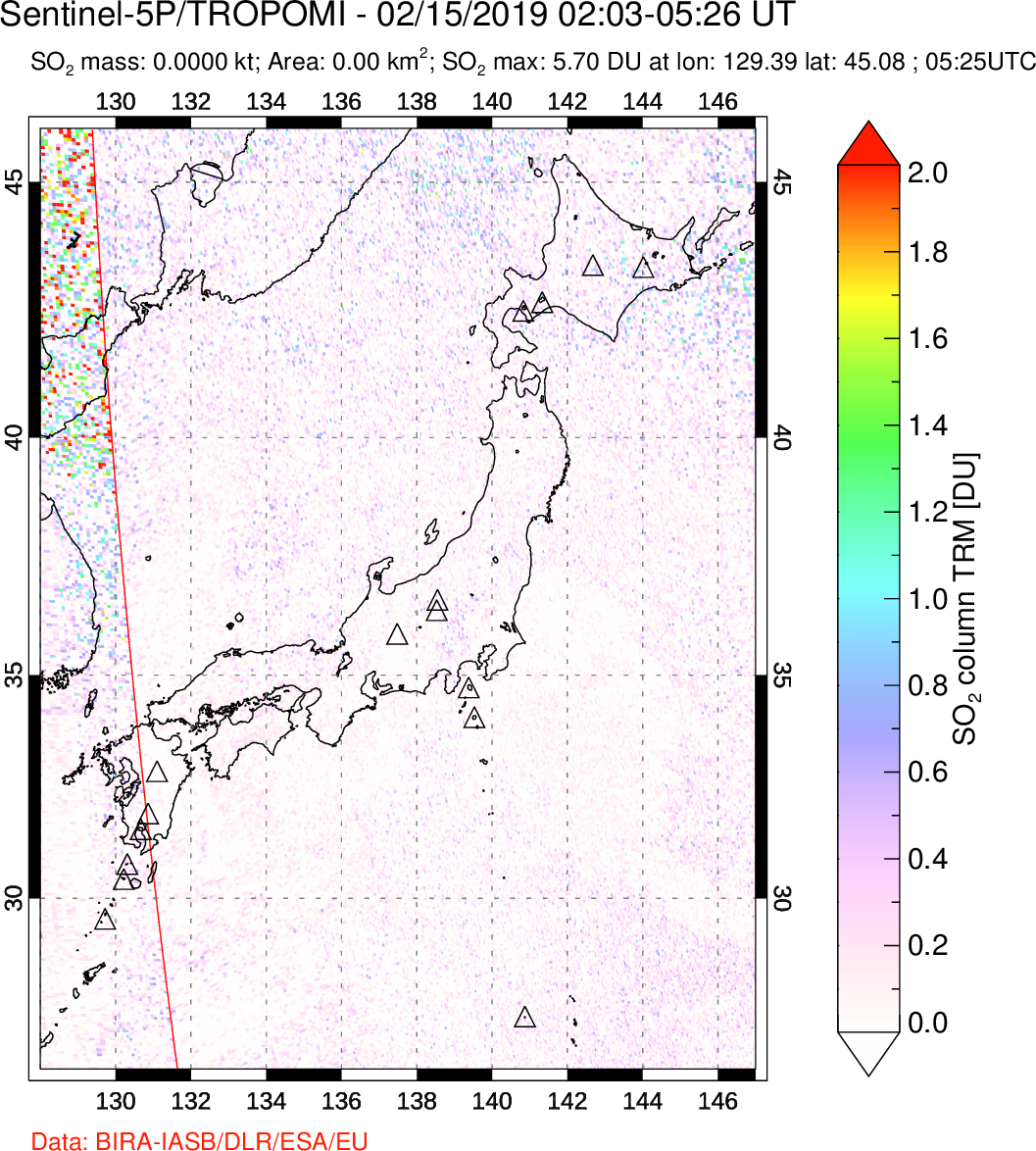 A sulfur dioxide image over Japan on Feb 15, 2019.