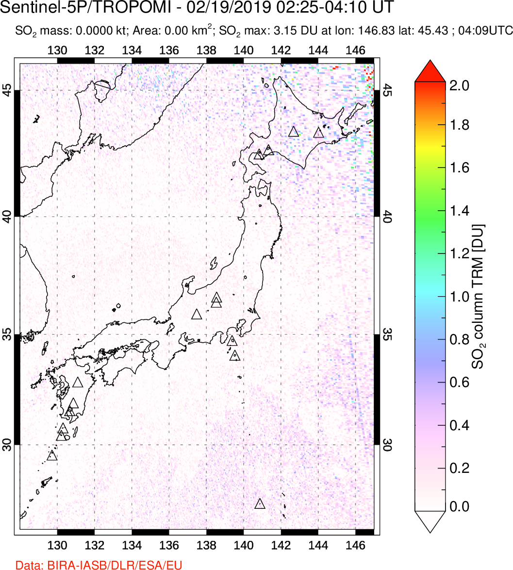 A sulfur dioxide image over Japan on Feb 19, 2019.