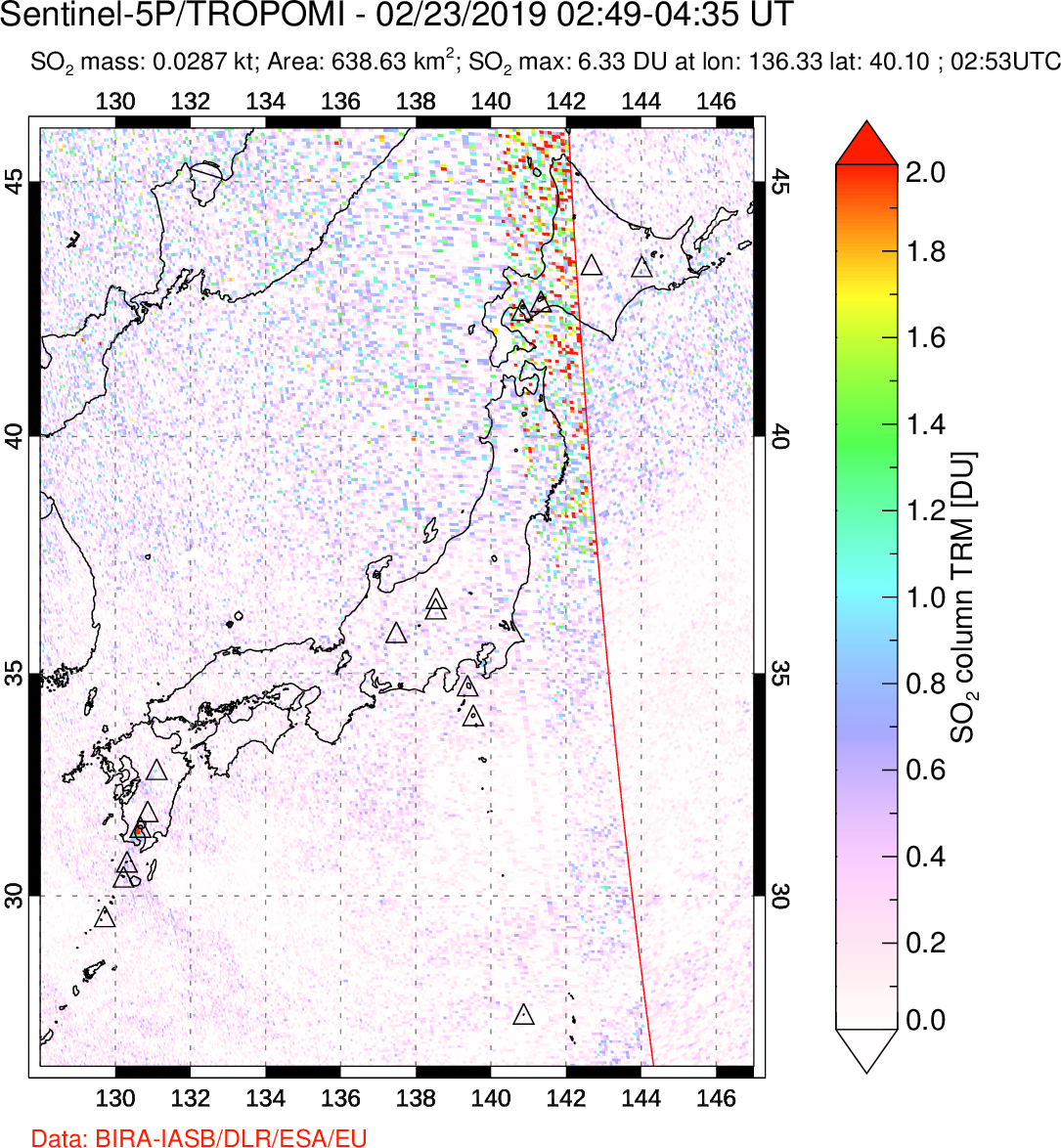 A sulfur dioxide image over Japan on Feb 23, 2019.