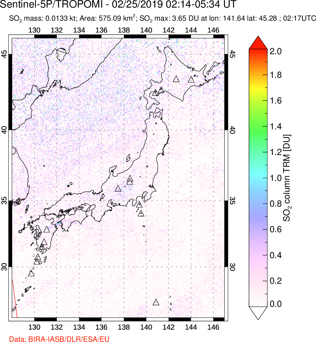 A sulfur dioxide image over Japan on Feb 25, 2019.