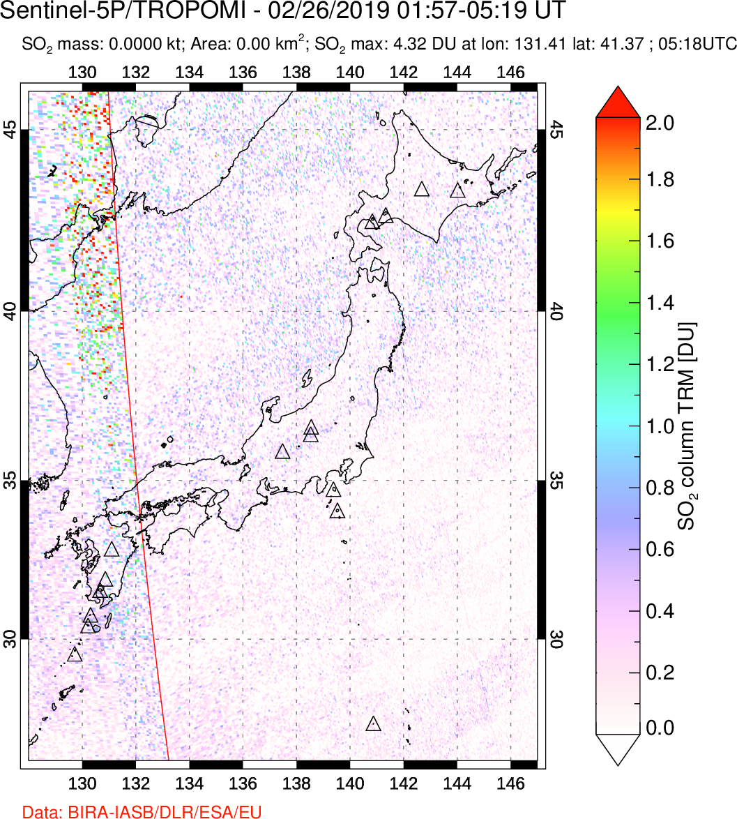 A sulfur dioxide image over Japan on Feb 26, 2019.