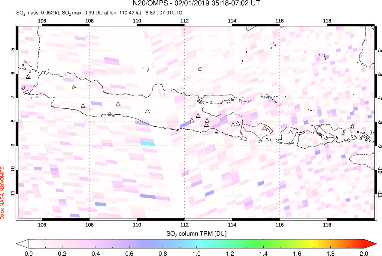 A sulfur dioxide image over Java, Indonesia on Feb 01, 2019.