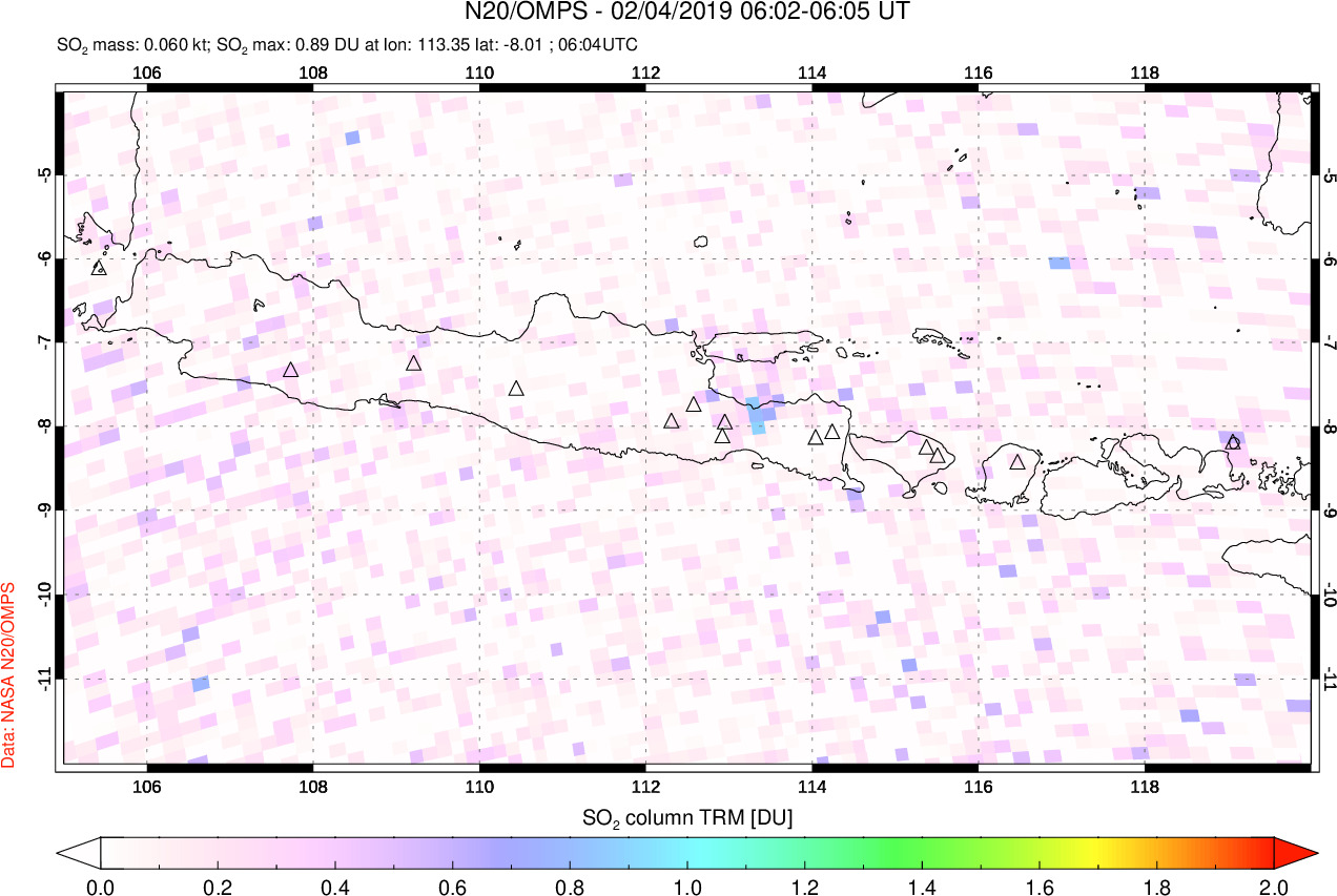 A sulfur dioxide image over Java, Indonesia on Feb 04, 2019.