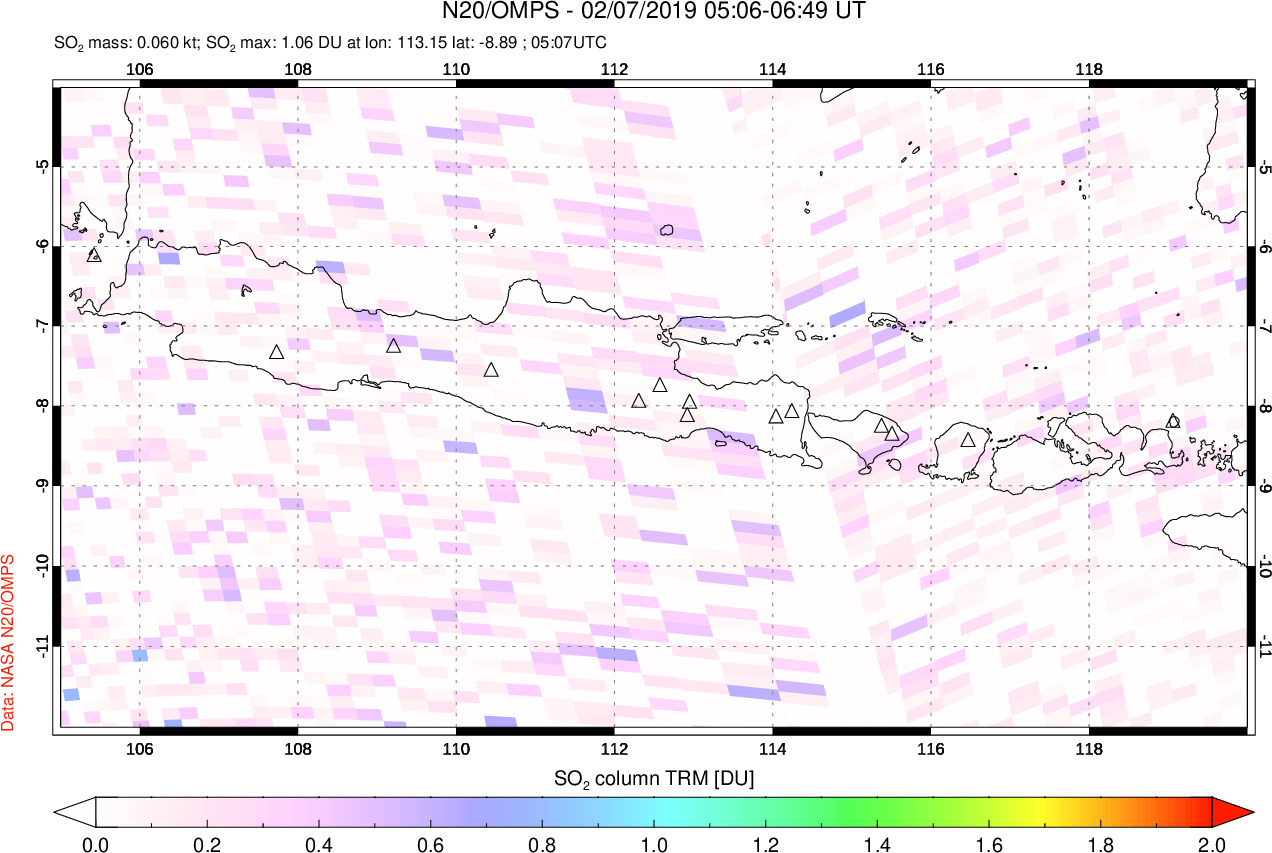 A sulfur dioxide image over Java, Indonesia on Feb 07, 2019.