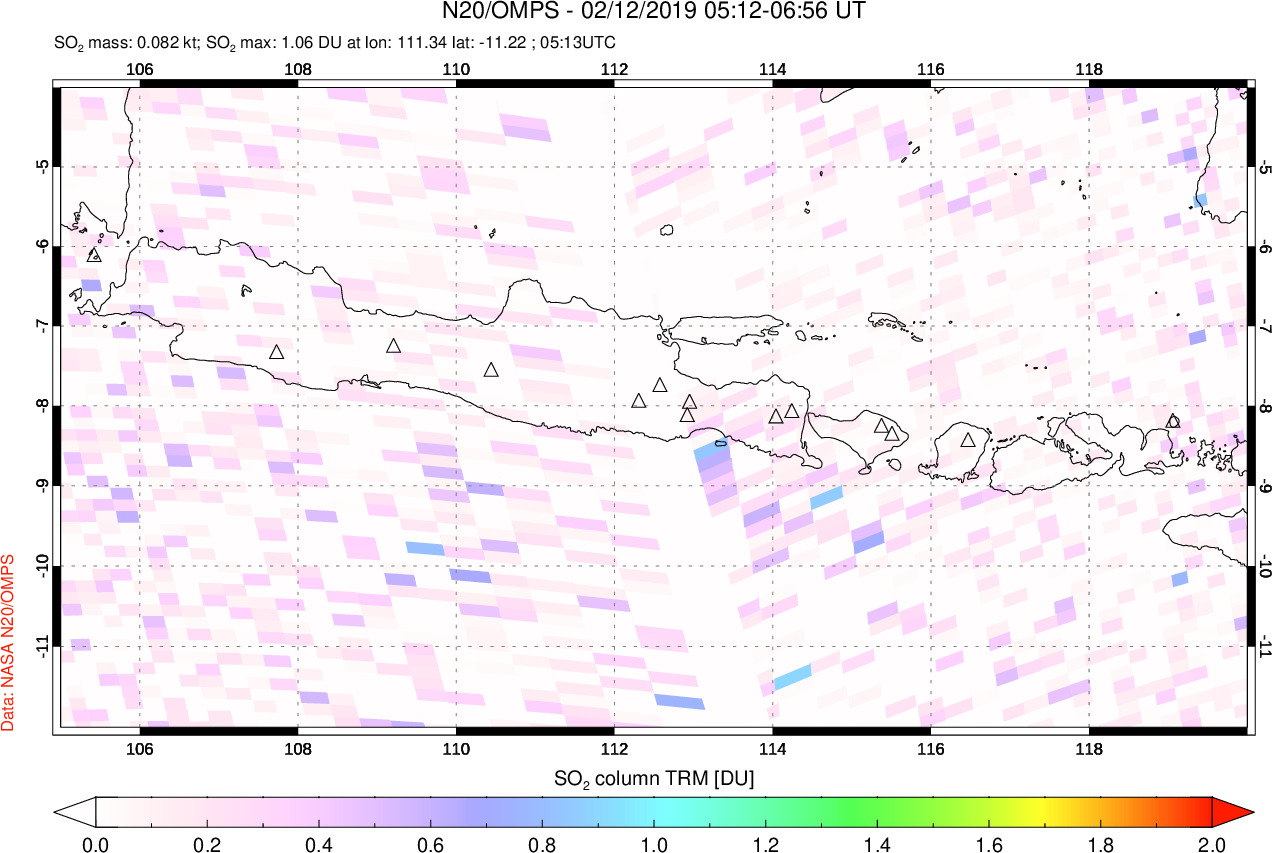 A sulfur dioxide image over Java, Indonesia on Feb 12, 2019.