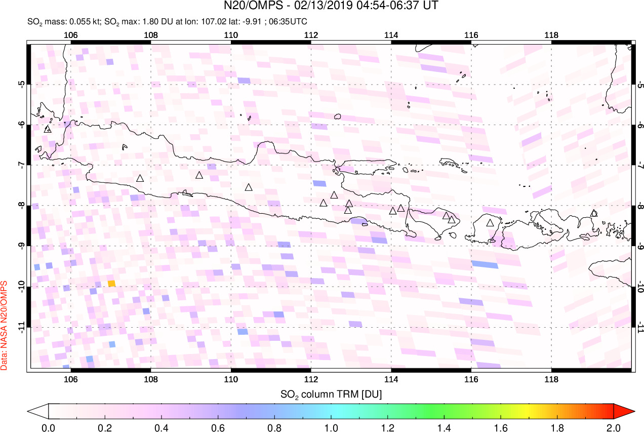A sulfur dioxide image over Java, Indonesia on Feb 13, 2019.