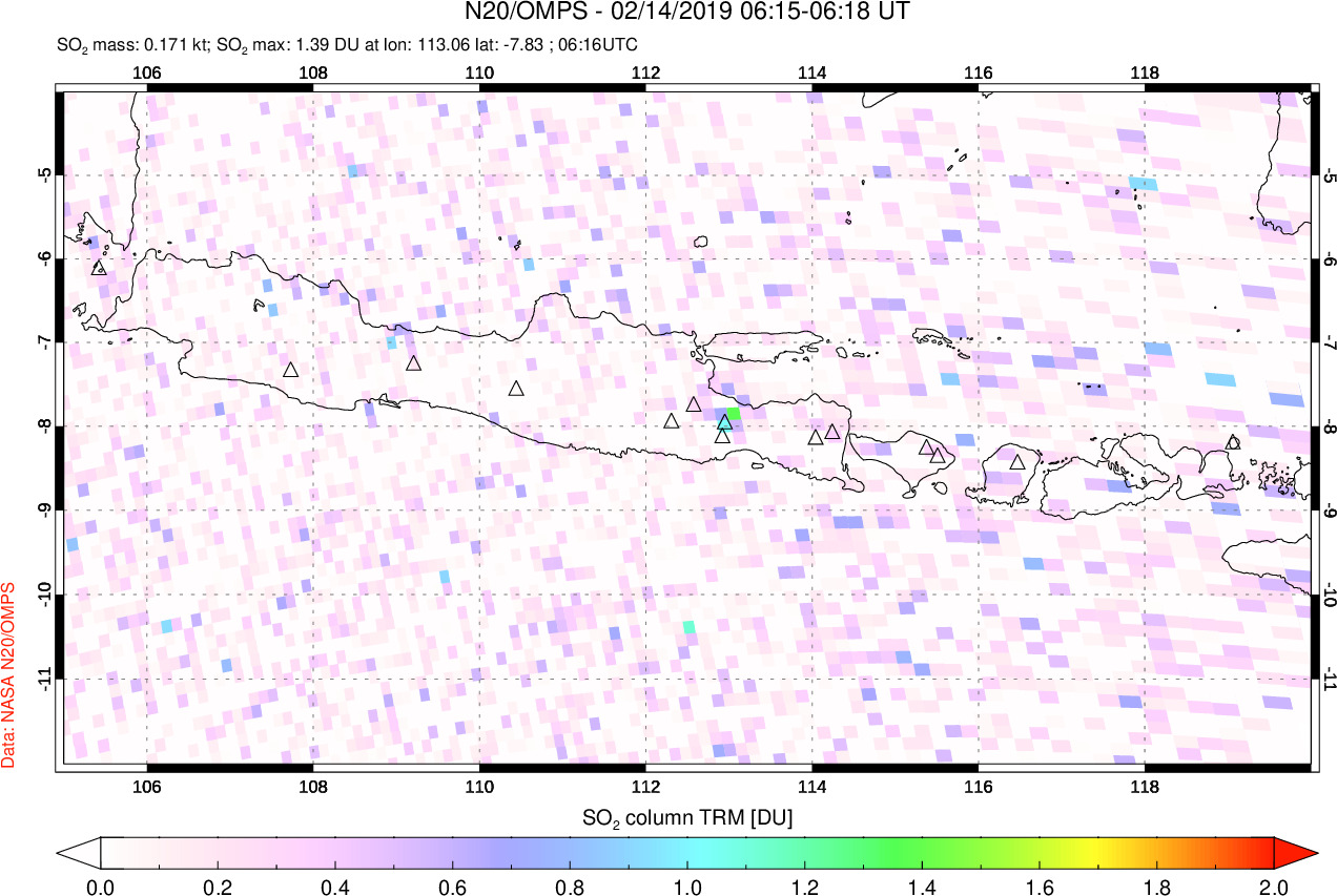 A sulfur dioxide image over Java, Indonesia on Feb 14, 2019.