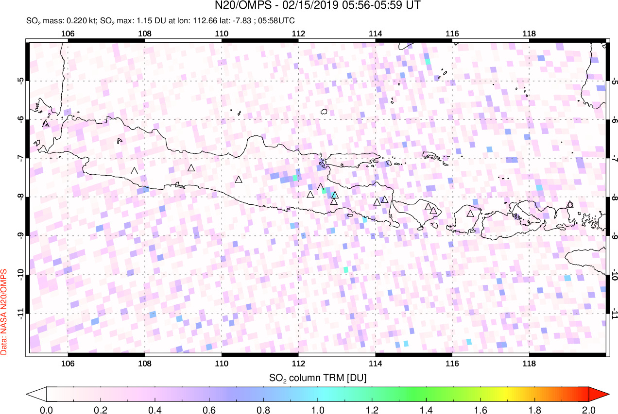 A sulfur dioxide image over Java, Indonesia on Feb 15, 2019.