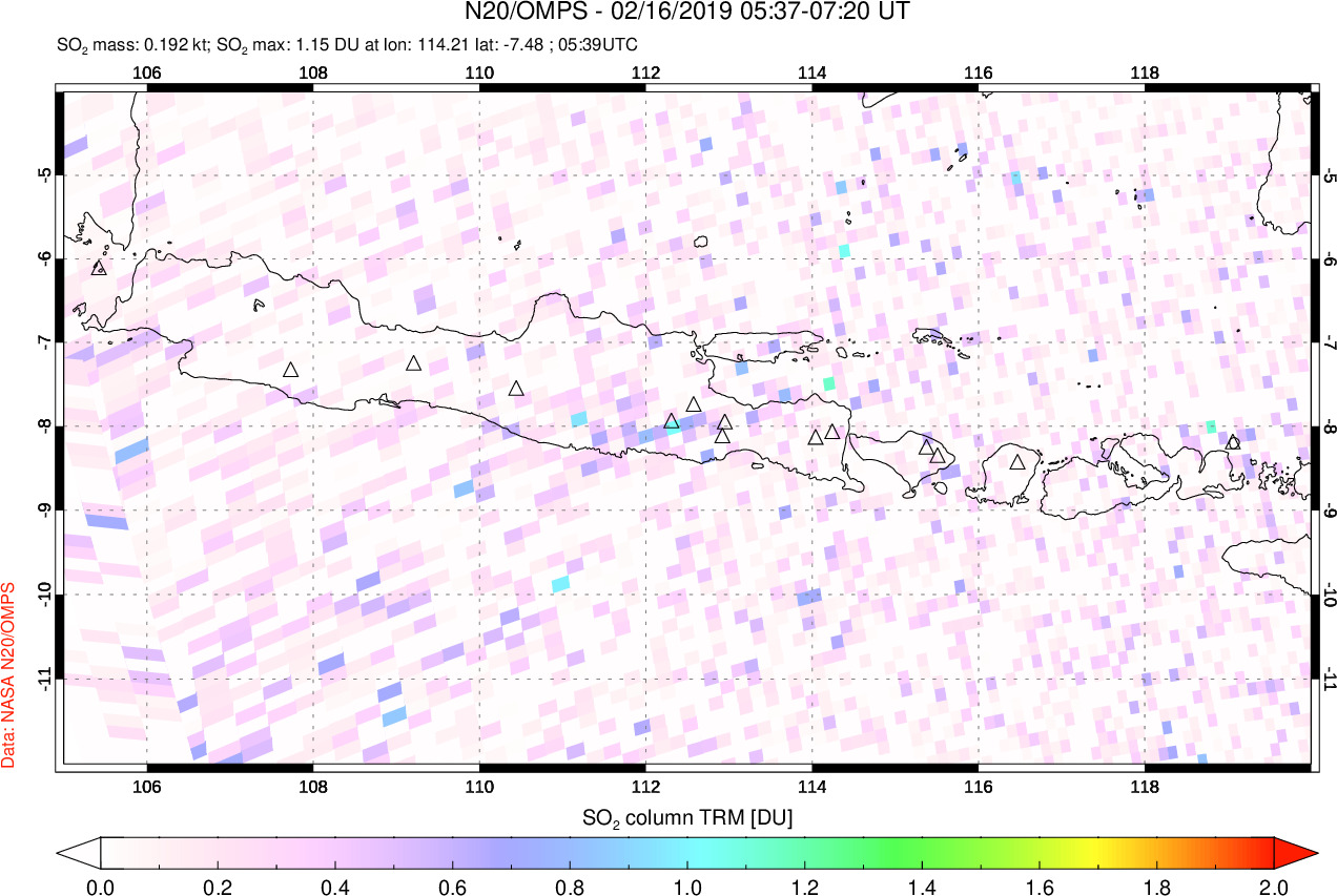 A sulfur dioxide image over Java, Indonesia on Feb 16, 2019.