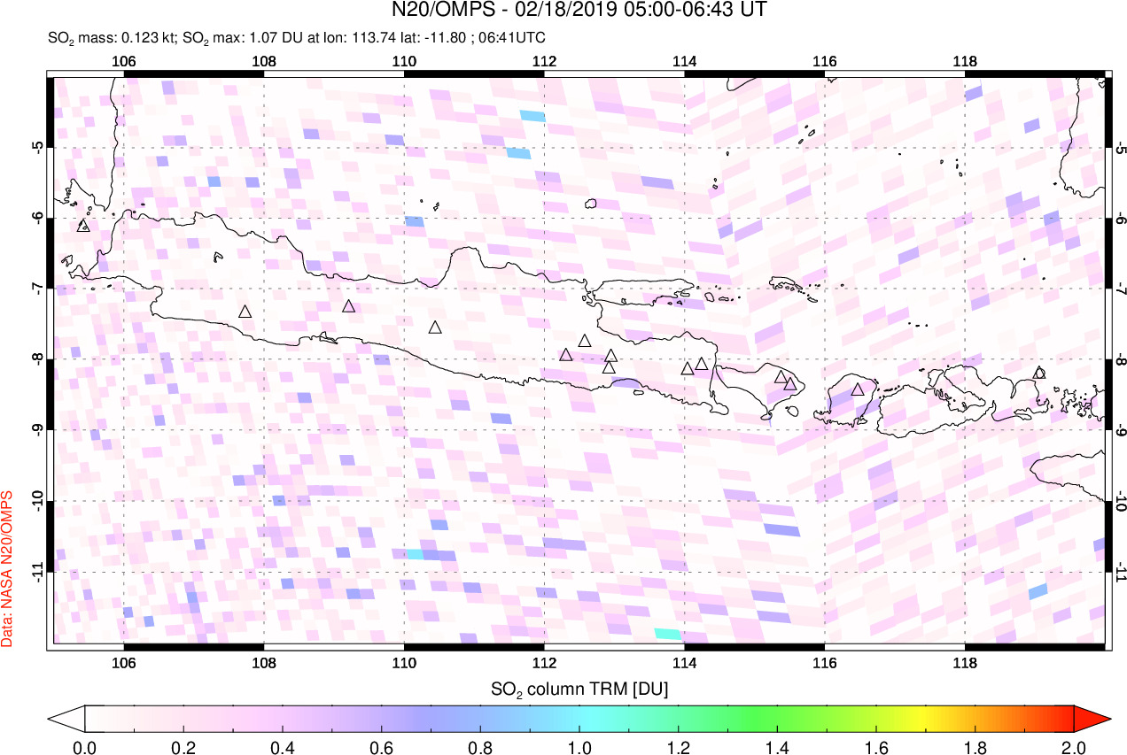 A sulfur dioxide image over Java, Indonesia on Feb 18, 2019.
