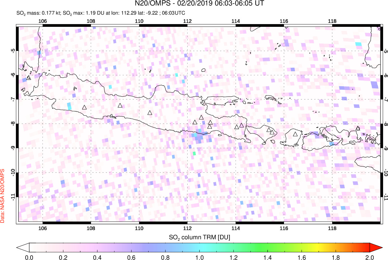 A sulfur dioxide image over Java, Indonesia on Feb 20, 2019.
