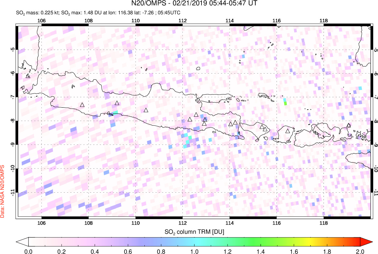 A sulfur dioxide image over Java, Indonesia on Feb 21, 2019.