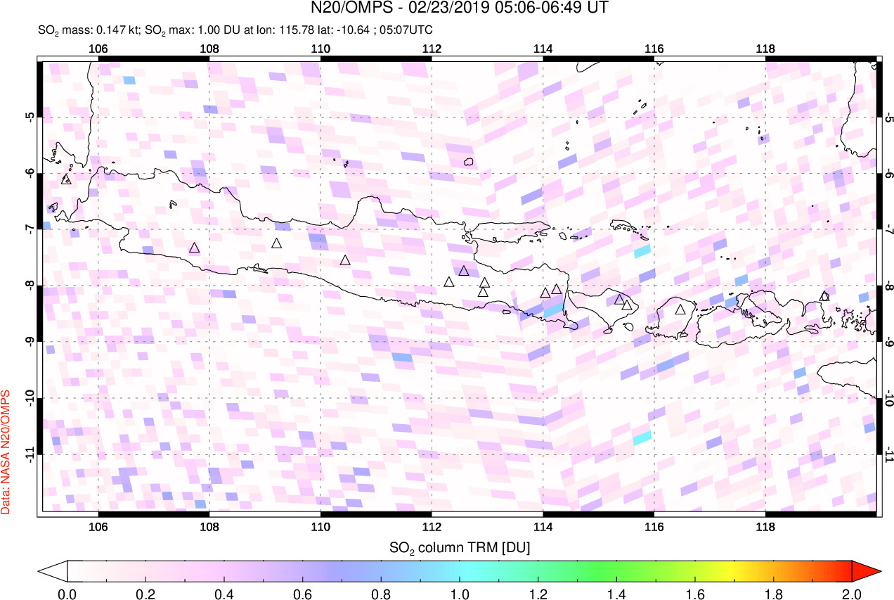 A sulfur dioxide image over Java, Indonesia on Feb 23, 2019.