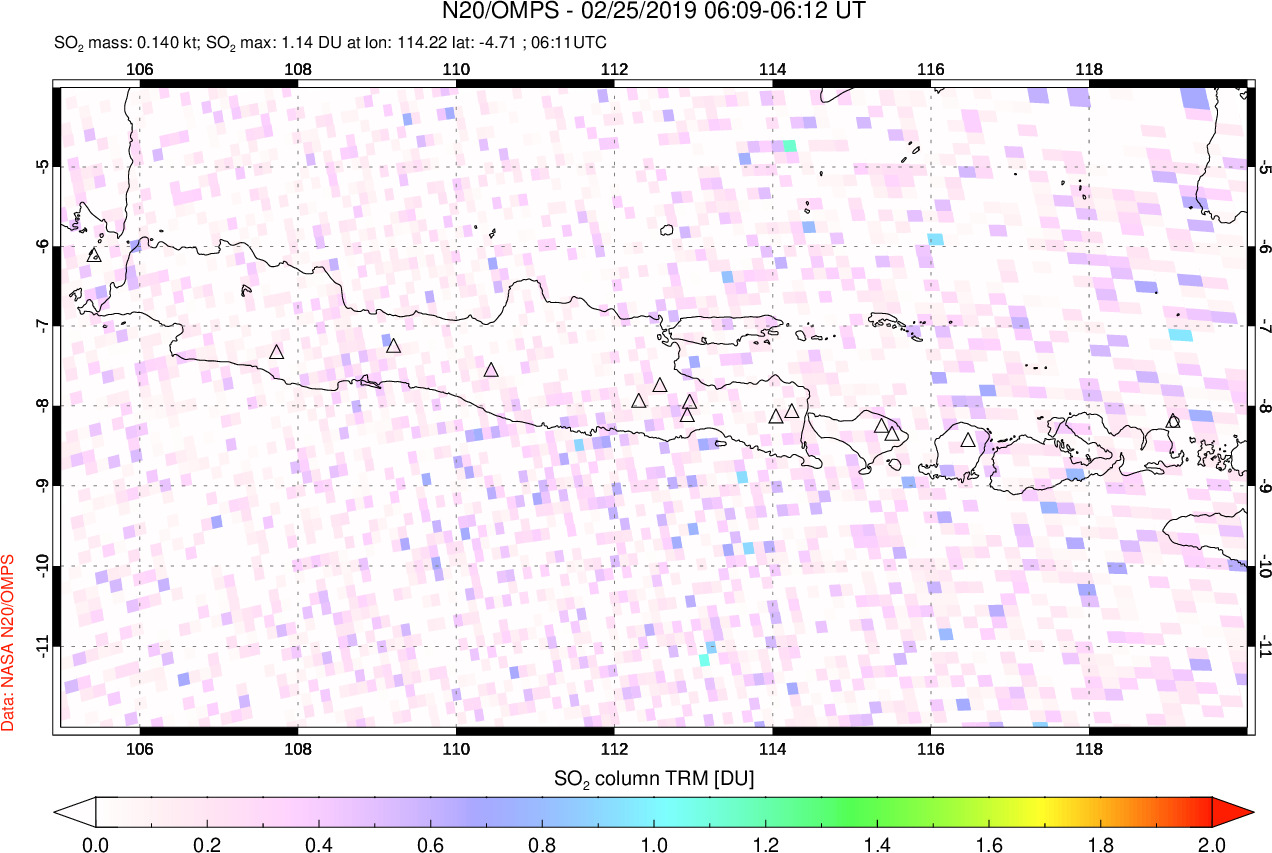 A sulfur dioxide image over Java, Indonesia on Feb 25, 2019.
