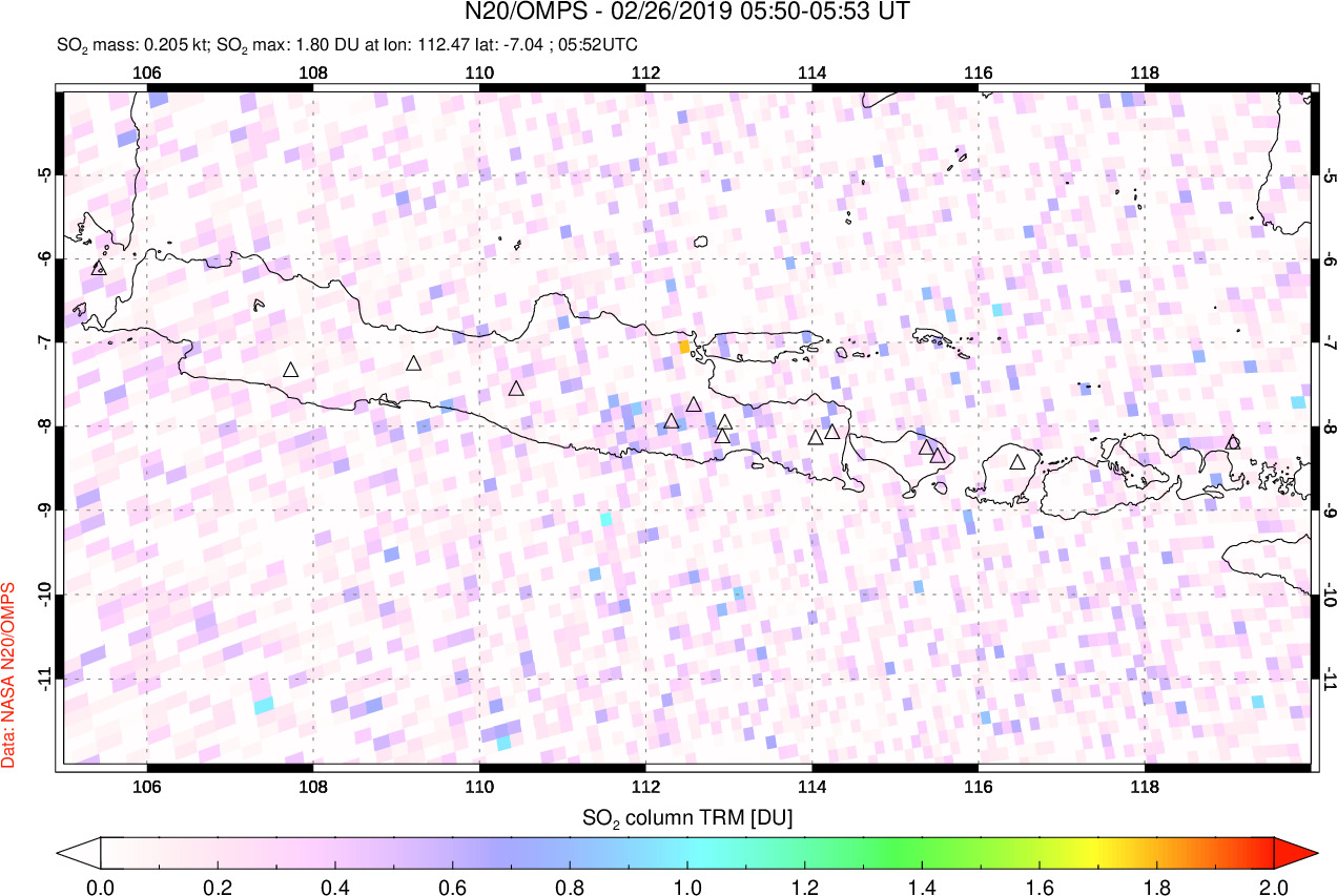 A sulfur dioxide image over Java, Indonesia on Feb 26, 2019.