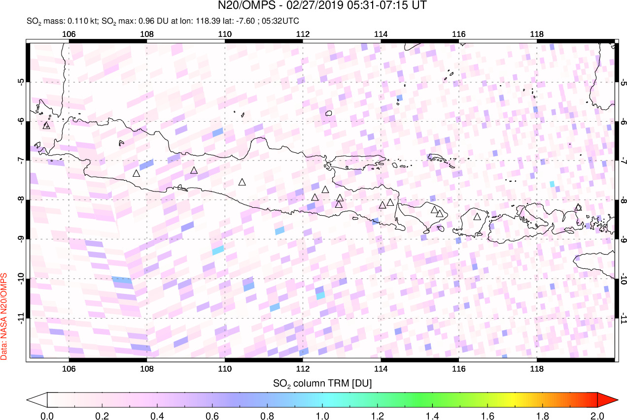A sulfur dioxide image over Java, Indonesia on Feb 27, 2019.