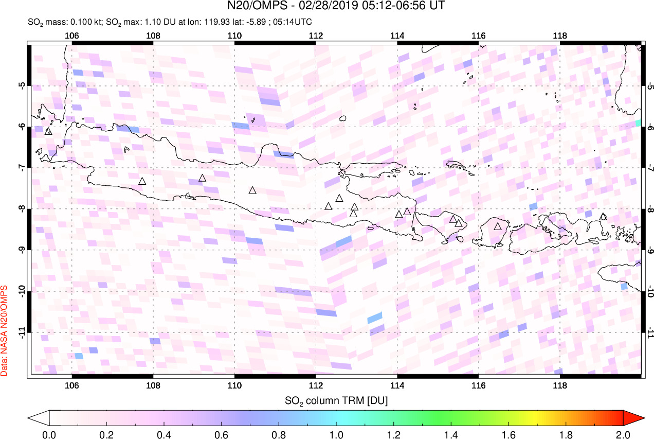 A sulfur dioxide image over Java, Indonesia on Feb 28, 2019.