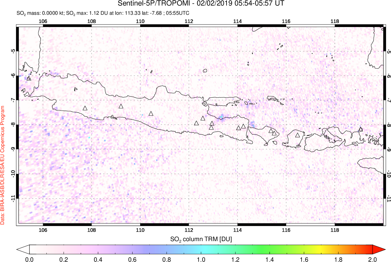 A sulfur dioxide image over Java, Indonesia on Feb 02, 2019.