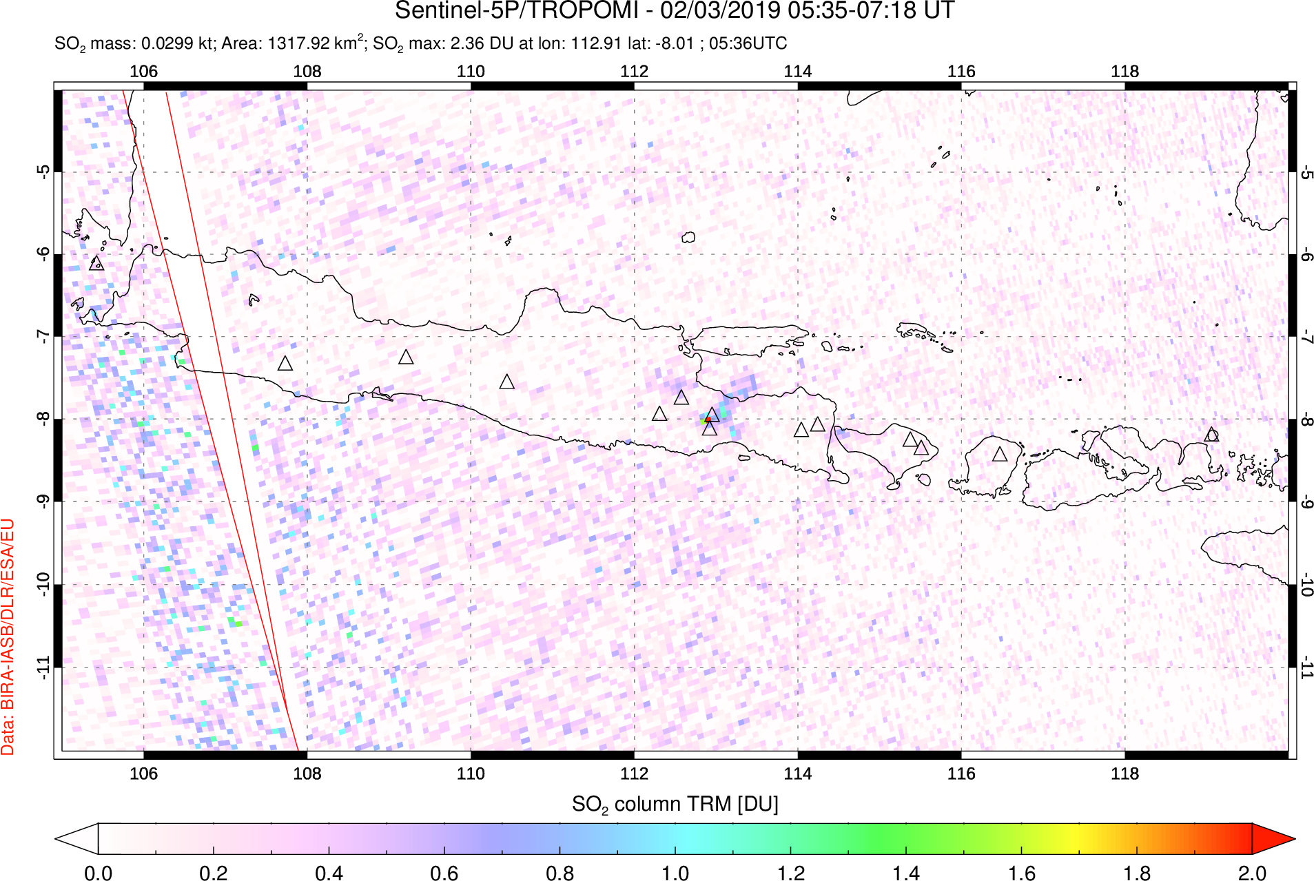 A sulfur dioxide image over Java, Indonesia on Feb 03, 2019.