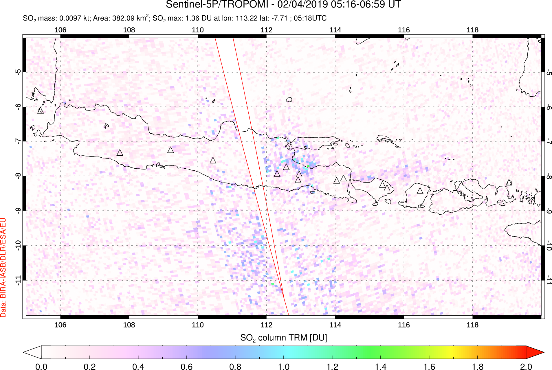 A sulfur dioxide image over Java, Indonesia on Feb 04, 2019.