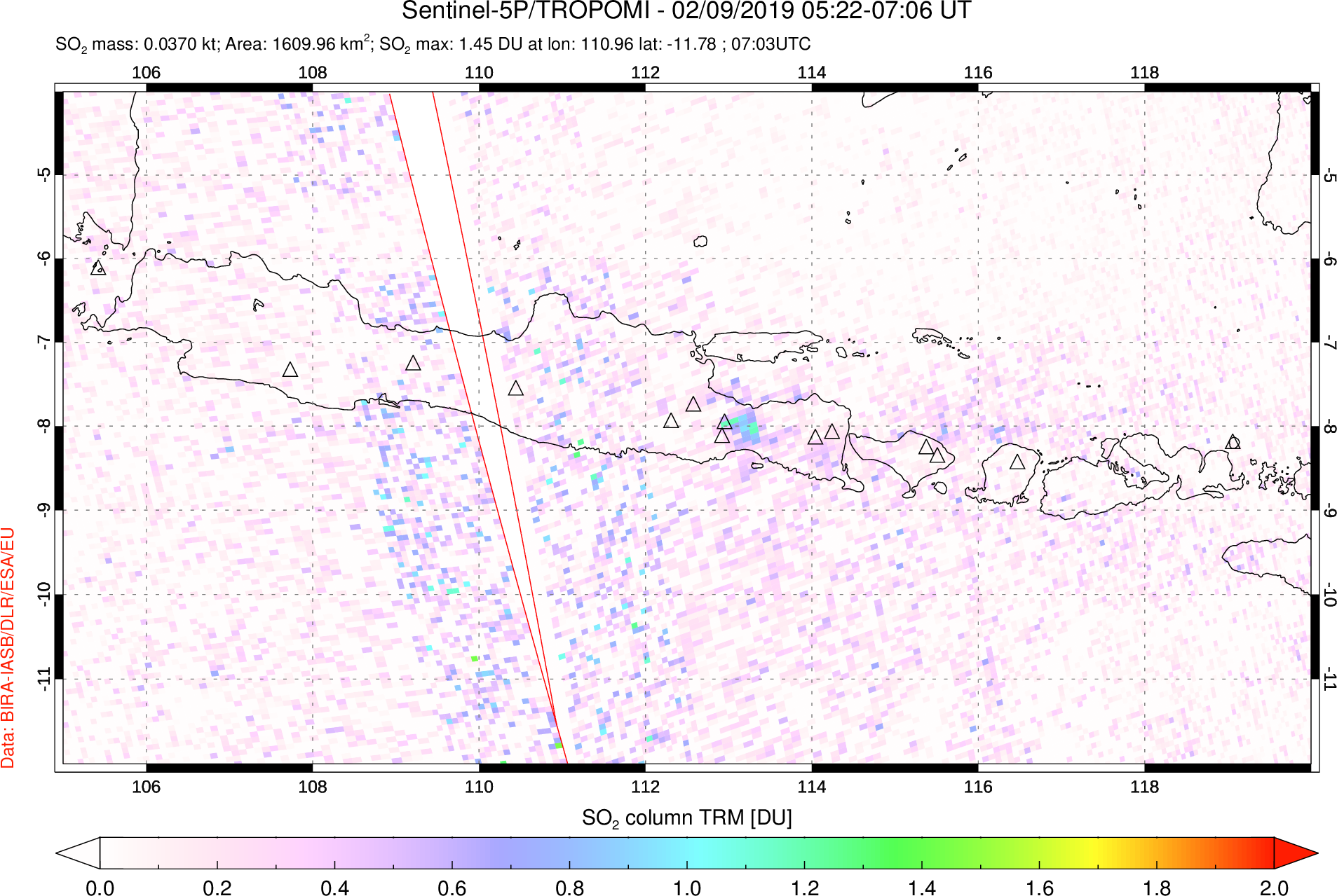 A sulfur dioxide image over Java, Indonesia on Feb 09, 2019.