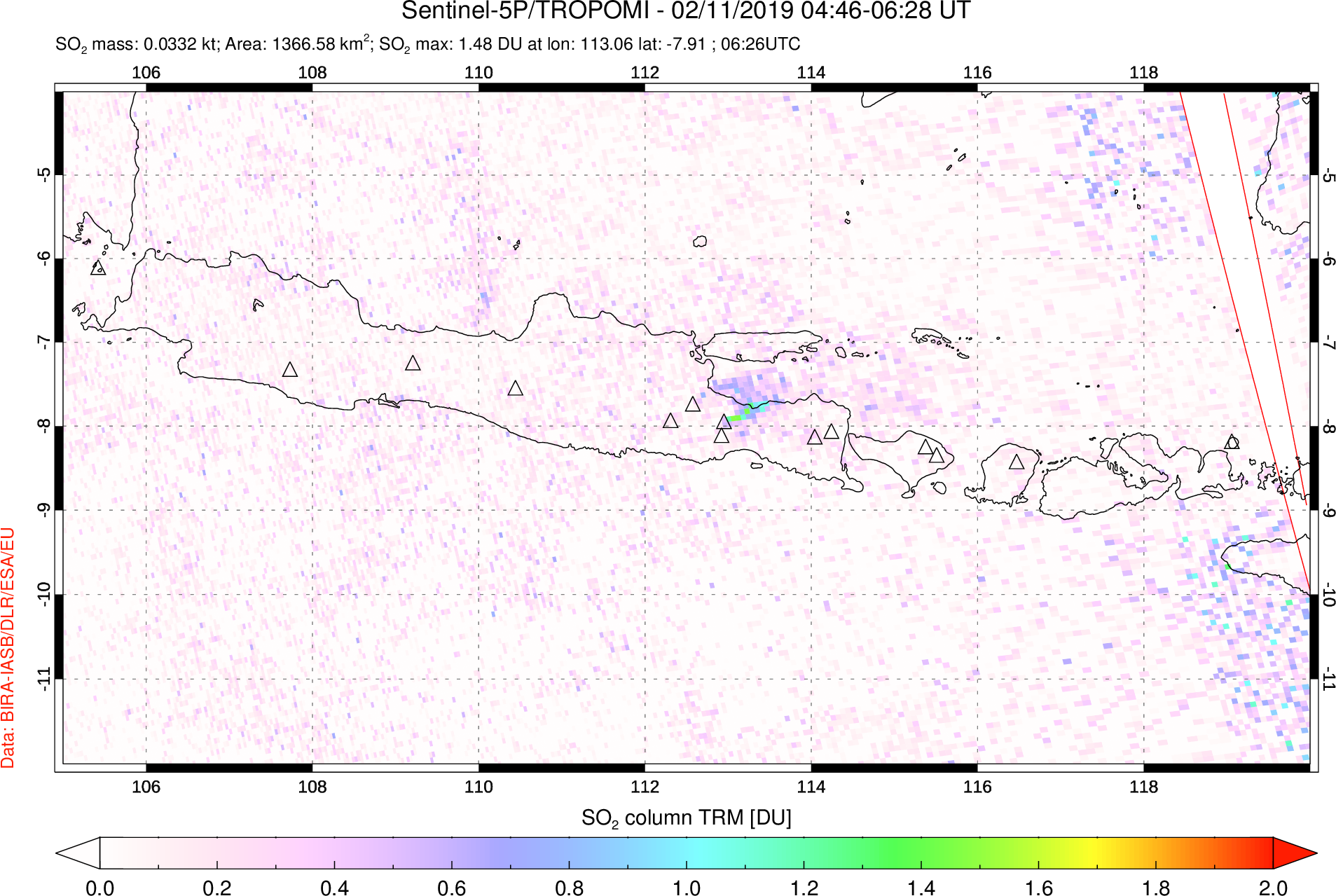 A sulfur dioxide image over Java, Indonesia on Feb 11, 2019.