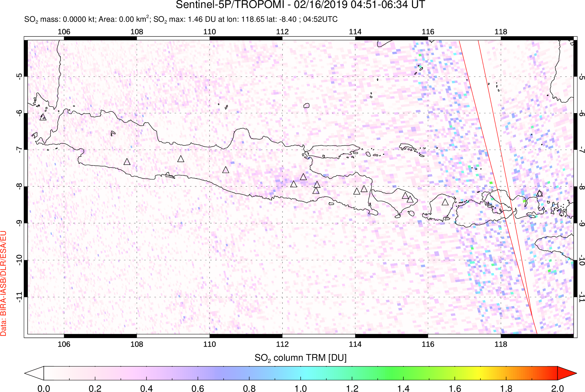 A sulfur dioxide image over Java, Indonesia on Feb 16, 2019.