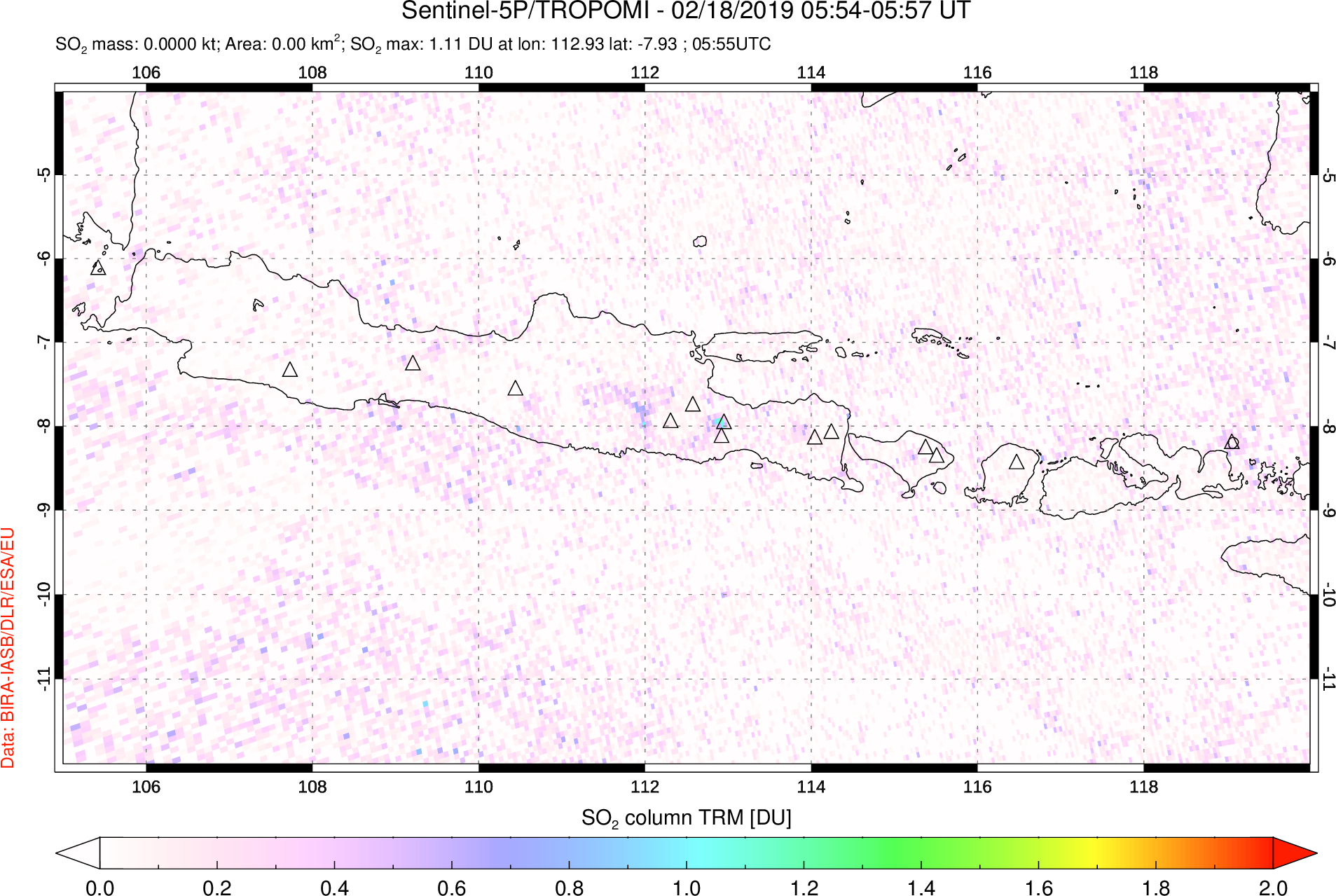 A sulfur dioxide image over Java, Indonesia on Feb 18, 2019.