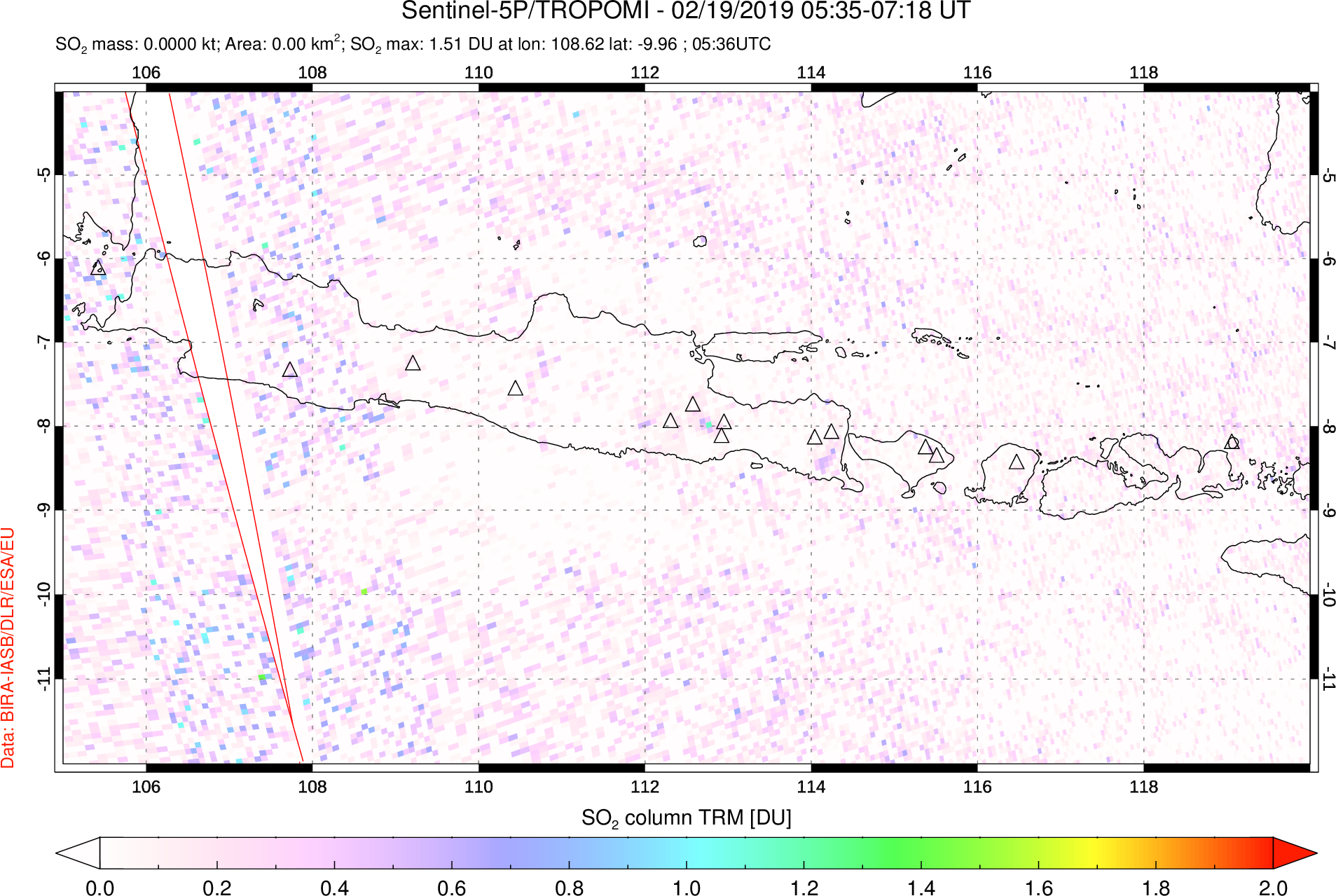 A sulfur dioxide image over Java, Indonesia on Feb 19, 2019.