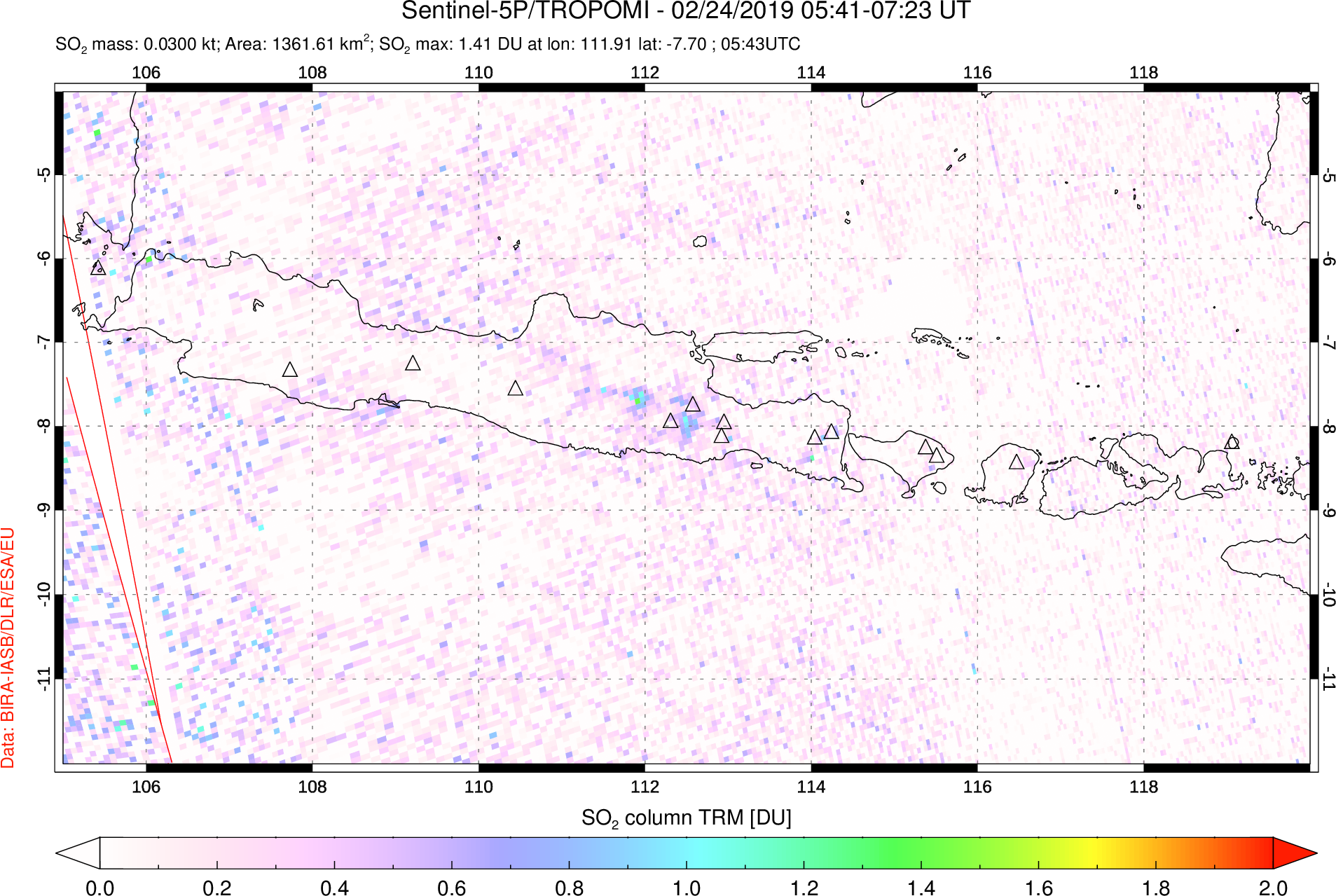A sulfur dioxide image over Java, Indonesia on Feb 24, 2019.