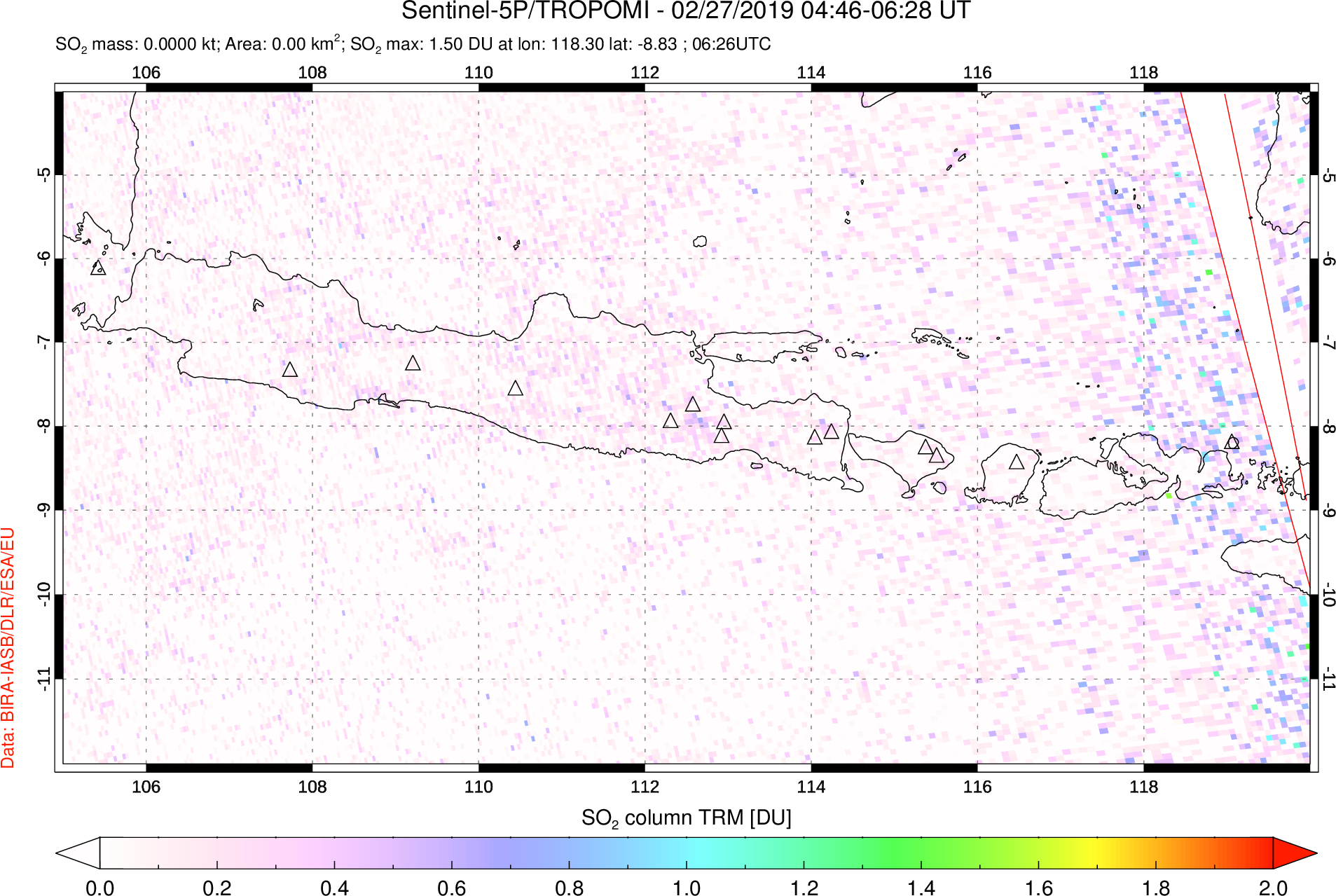 A sulfur dioxide image over Java, Indonesia on Feb 27, 2019.