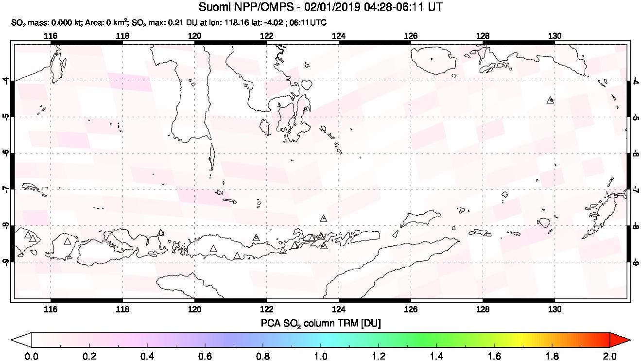 A sulfur dioxide image over Lesser Sunda Islands, Indonesia on Feb 01, 2019.