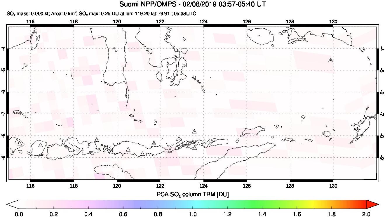 A sulfur dioxide image over Lesser Sunda Islands, Indonesia on Feb 08, 2019.
