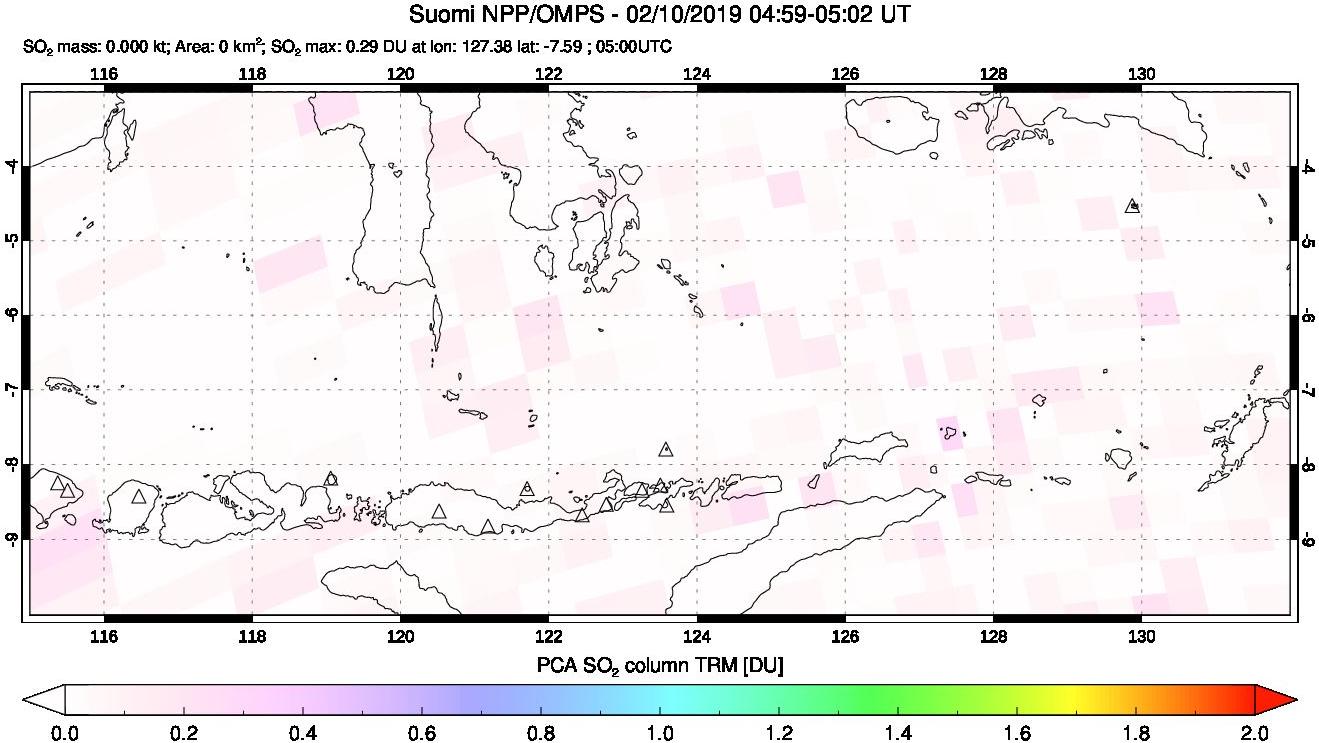 A sulfur dioxide image over Lesser Sunda Islands, Indonesia on Feb 10, 2019.