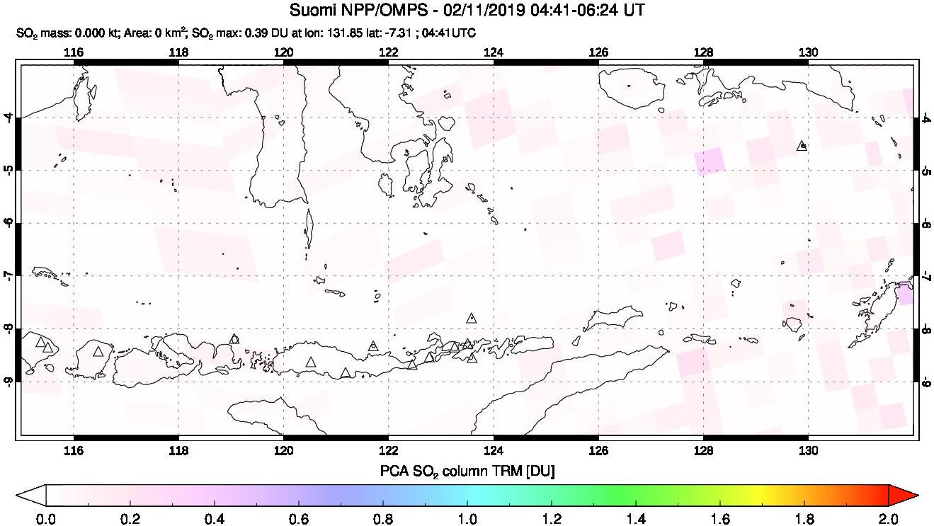 A sulfur dioxide image over Lesser Sunda Islands, Indonesia on Feb 11, 2019.