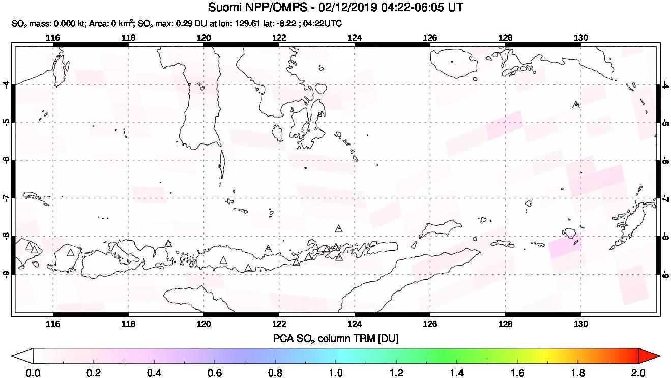 A sulfur dioxide image over Lesser Sunda Islands, Indonesia on Feb 12, 2019.