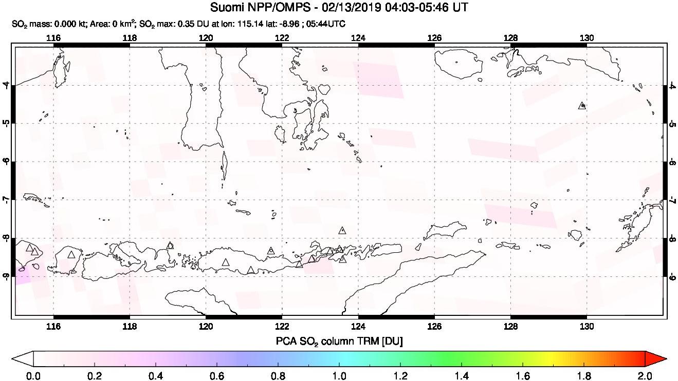A sulfur dioxide image over Lesser Sunda Islands, Indonesia on Feb 13, 2019.