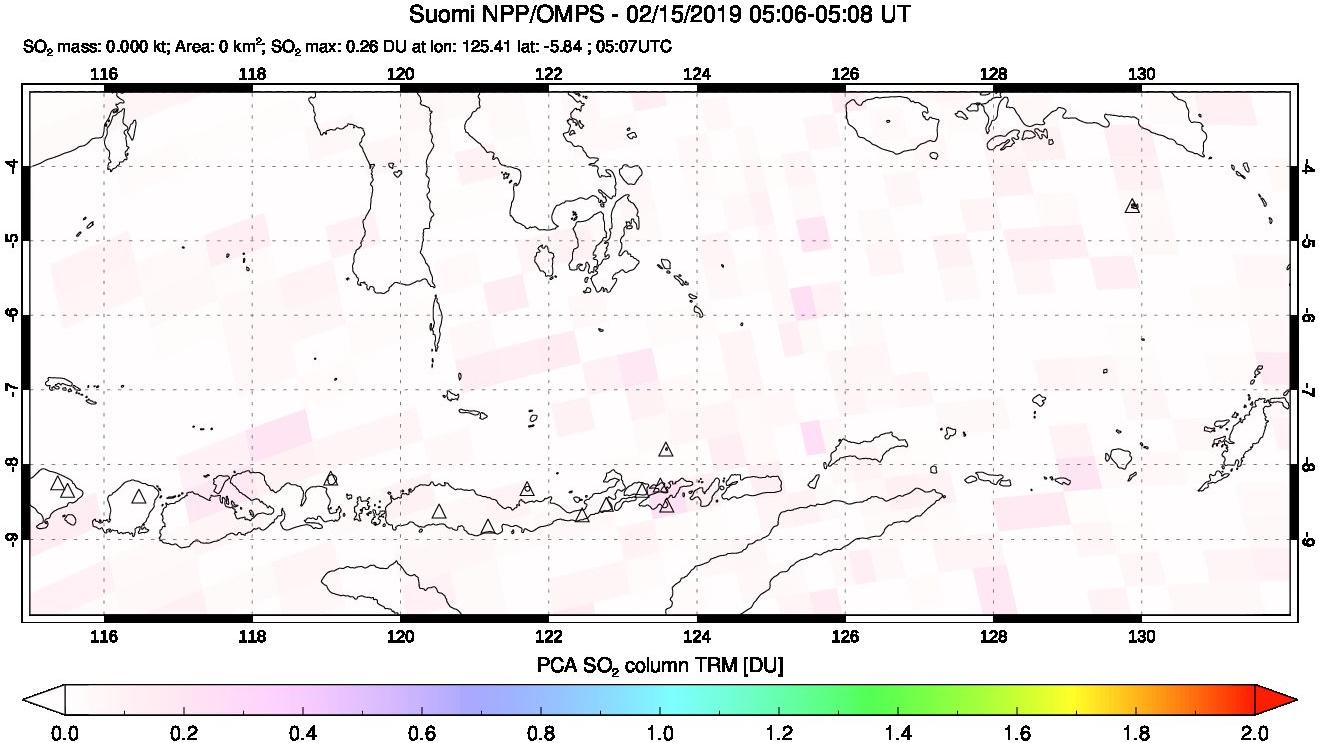 A sulfur dioxide image over Lesser Sunda Islands, Indonesia on Feb 15, 2019.