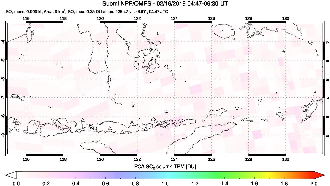 A sulfur dioxide image over Lesser Sunda Islands, Indonesia on Feb 16, 2019.