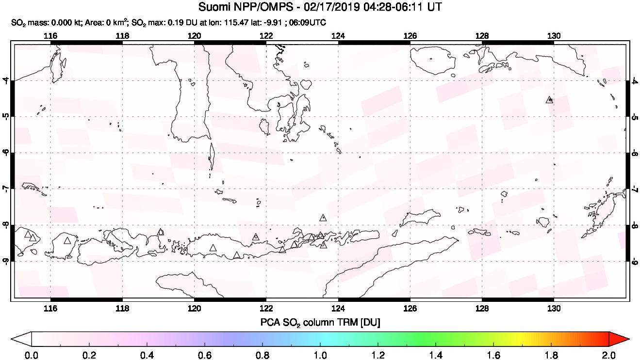 A sulfur dioxide image over Lesser Sunda Islands, Indonesia on Feb 17, 2019.