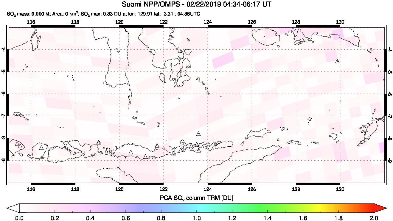 A sulfur dioxide image over Lesser Sunda Islands, Indonesia on Feb 22, 2019.