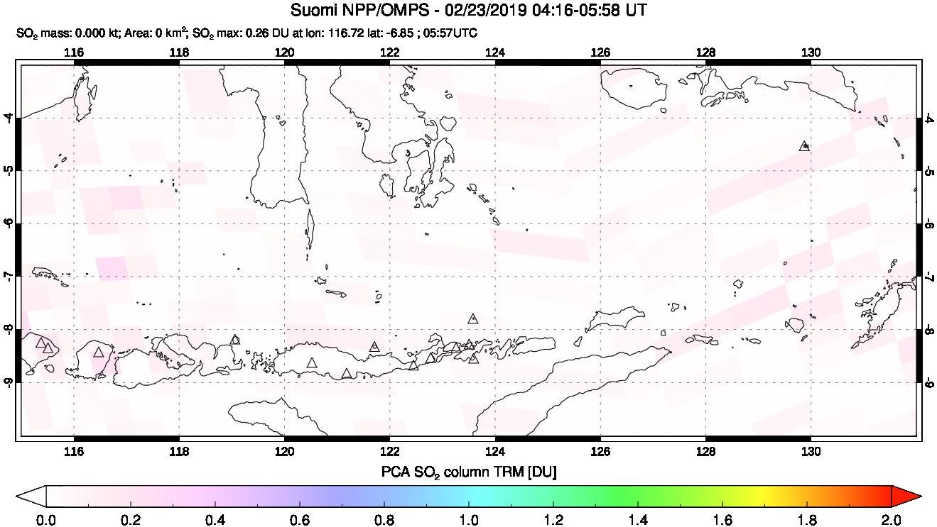A sulfur dioxide image over Lesser Sunda Islands, Indonesia on Feb 23, 2019.